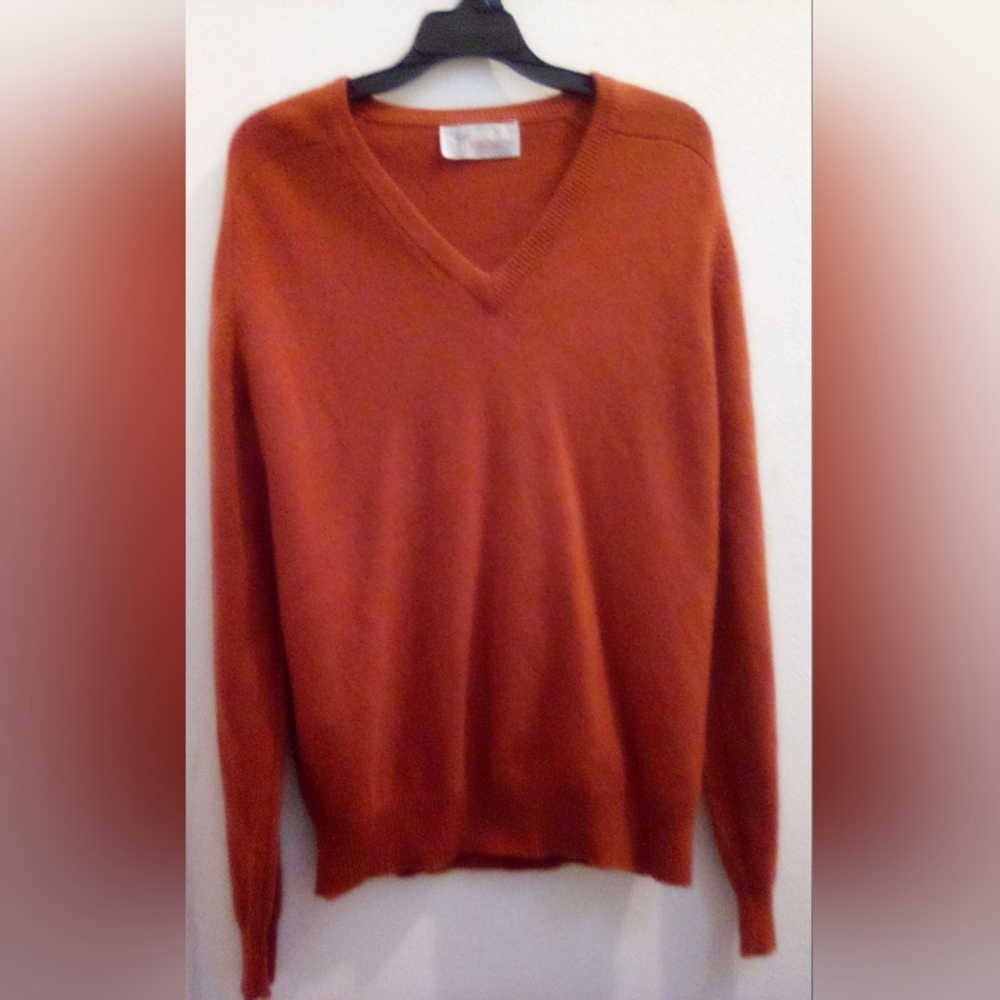 Braemar International Vintage 100% Wool V-Neck Orange Pullover  Sweater Size XL